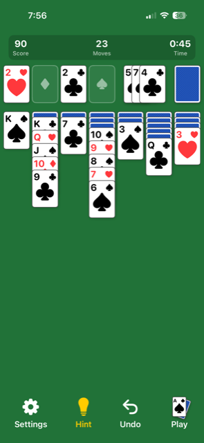 Solitaire 1515 hint lightbulb lit with a suggested move