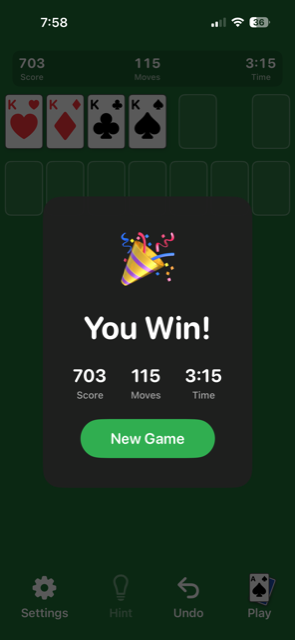 Solitaire 1515 You Win screen
